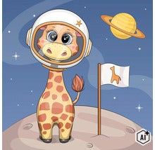 Nálepka na stenu s ilustráciou žirafy ako astronauta s vesmírnou helmou a motívom planéty pre detskú izbu (Image AI modified or generated)