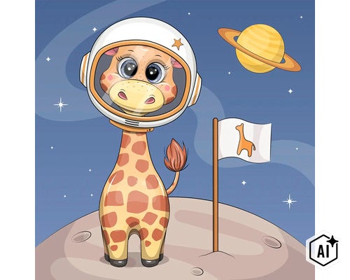 Nálepka na stenu s ilustráciou žirafy ako astronauta s vesmírnou helmou a motívom planéty pre detskú izbu (Image AI modified or generated)