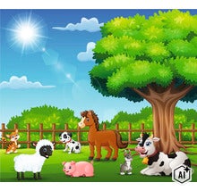 Kreslená ilustrácia skupiny hospodárskych zvierat na lúke pred dreveným plotom a stromom za slnečného počasia. (Image AI modified or generated)