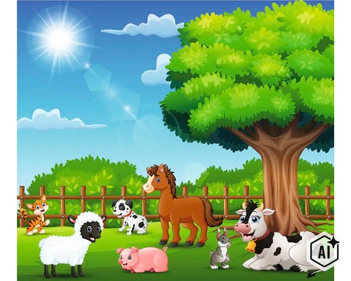 Kreslená ilustrácia skupiny hospodárskych zvierat na lúke pred dreveným plotom a stromom za slnečného počasia. (Image AI modified or generated)