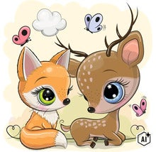 Samolepka na stenu s ilustraciou rozkošnej líšky a srnky s motýľmi do detskej izby (Image AI modified or generated)