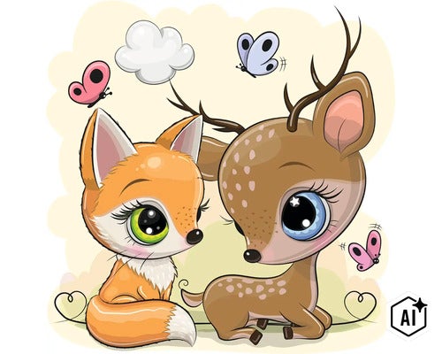 Samolepka na stenu s ilustraciou rozkošnej líšky a srnky s motýľmi do detskej izby (Image AI modified or generated)