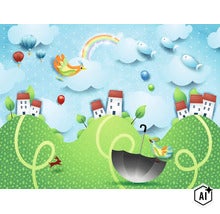 Detská tapeta s ilustrovanou fantasy krajinou s kopcami, malými domčekmi, lietajúcimi vtákmi, teplovzdušnými balónmi a dúhou. (Image AI modified or generated)