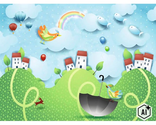 Detská tapeta s ilustrovanou fantasy krajinou s kopcami, malými domčekmi, lietajúcimi vtákmi, teplovzdušnými balónmi a dúhou. (Image AI modified or generated)