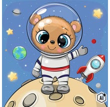 Kreslená ilustrácia medveďa v obleku astronauta na mesiaci s raketou a pozadím vesmíru. (Image AI modified or generated)