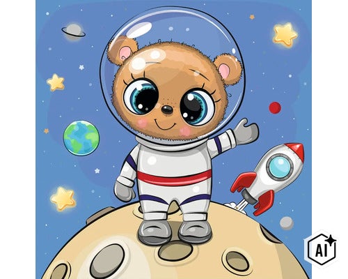 Kreslená ilustrácia medveďa v obleku astronauta na mesiaci s raketou a pozadím vesmíru. (Image AI modified or generated)