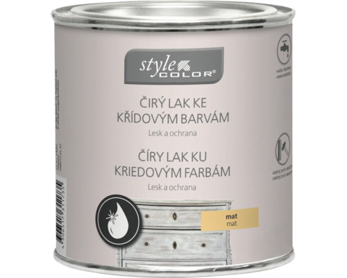 Matný číry lak na kriedové farby StyleColor v plechovej dóze pre ochranu a lesk nábytkových povrchov