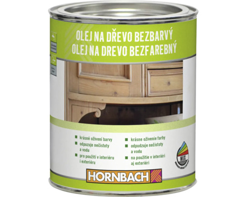 Dóza s bezfarebným olejom na drevo od Hornbachu na použitie v interiéri aj exteriéri na ošetrenie a ochranu drevených povrchov.