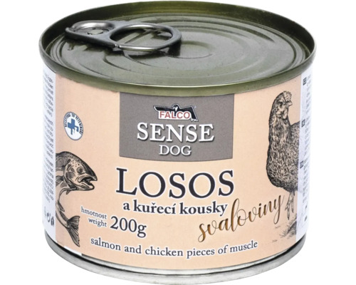 Konzerva pre psov Falco Sense Dog s lososom a kúskami kuracej svaloviny, obsah 200 gramov.