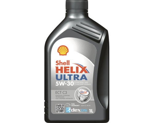 Jednolitrová fľaša plne syntetického motorového oleja Shell Helix Ultra 5W 30 ECT C3 pre naftové a benzínové motory.