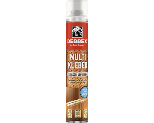 Debbex Multi Kleber celoročná lepiaca pena v spreji na lepenie muriva, priečok a izolačných dosiek.