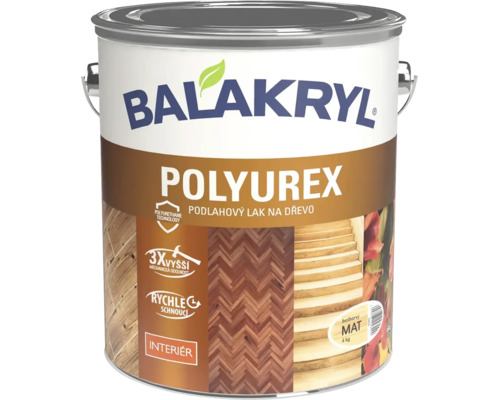 Balakryl Polyurex matný lak na drevené podlahy v balení 4 kilogramy pre použitie v interiéri s polyuretánovou technológiou.
