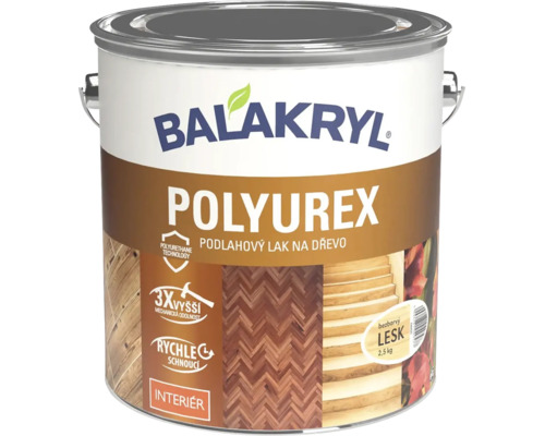Balakryl Polyurex podlahovy lak na drevo, 2,5 kilogramu, leskly, bezfarebny, do interieru.