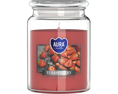 Vonná sviečka jahoda od Aura Candles v sklenenej nádobe s viečkom.