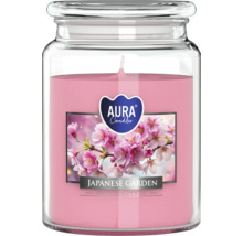 Vonná sviečka Aura Candles v skle s vôňou Japanese Garden a motívom čerešňových kvetov na etikete.