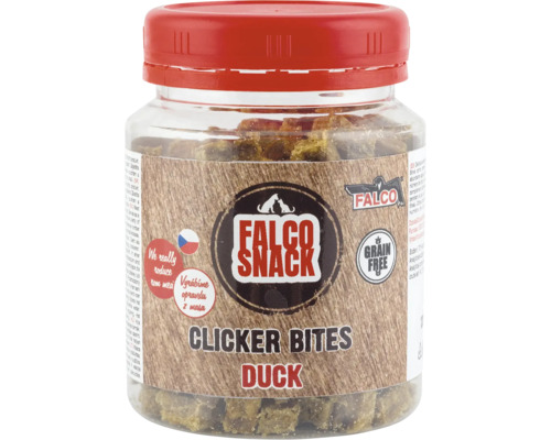 Psie maškrty Falco Snack Clicker Bites kačica v dóze so skrutkovacím uzáverom