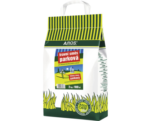 Trávna zmes AROS parková, balenie 2 kg na 100 metrov štvorcových, určené pre okrasné trávniky v parkoch a záhradách.