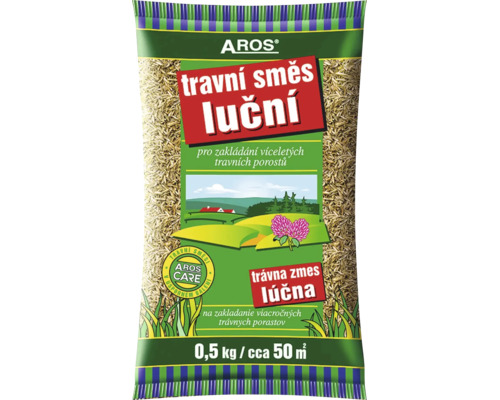 Balenie trávnej zmesi Aros lúčna s hmotnosťou 0,5 kilogramu pre približne 50 metrov štvorcových plochy.