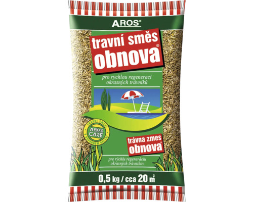 Trávna zmes Aros Obnova pre rýchlu regeneráciu okrasných trávnikov, balenie 0,5 kilogramu pre približne 20 metrov štvorcových.