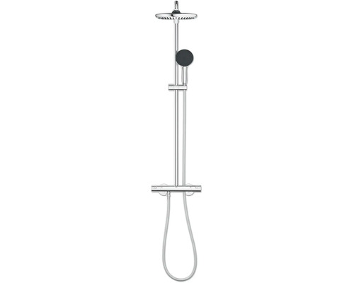 Sprchový systém Grohe s termostatickou batériou, hlavovou a ručnou sprchou na montáž na stenu v kúpeľni.
