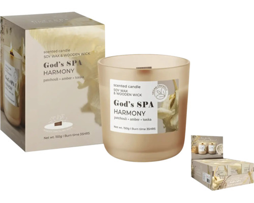 Vonná sviečka God is SPA Harmony zo sójového vosku s dreveným knôtom v skle, 150 gramov, doba horenia 35 hodín.