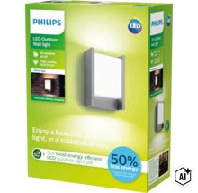 Vonkajšie LED nástenné svietidlo Philips Arbour z hliníka v balení s informáciami o odolnosti voči počasiu a energetickej účinnosti. (Image AI modified or generated)