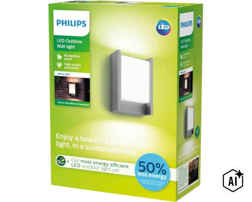Vonkajšie LED nástenné svietidlo Philips Arbour z hliníka v balení s informáciami o odolnosti voči počasiu a energetickej účinnosti. (Image AI modified or generated)