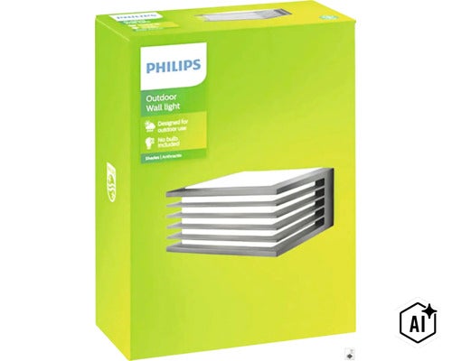Vonkajšie nástenné svietidlo Philips Shades v balení, odolné voči poveternostným vplyvom, svetelný zdroj nie je súčasťou balenia. (Image AI modified or generated)