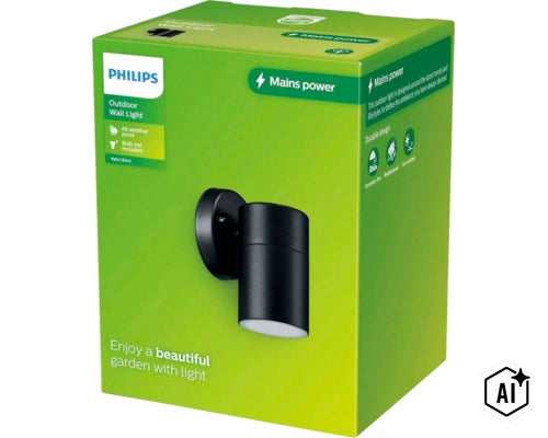 Vonkajšie nástenné svietidlo Philips Kylis v balení, odolné voči poveternostným vplyvom a korózii pre montáž na stenu. (Image AI modified or generated)