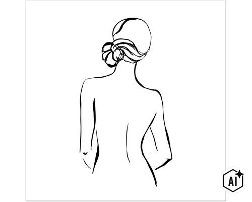 Nástenná dekorácia s minimalistickou perokresbou ženy s drdolom pri pohľade zozadu. (Image AI modified or generated)