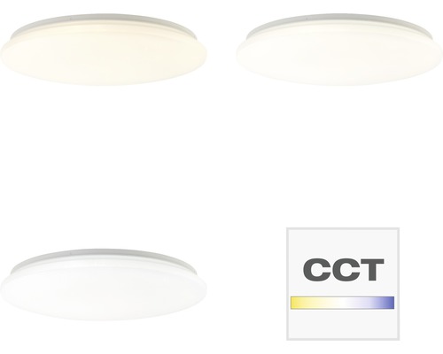 Tri stropné svietidlá s rôznymi farbami svetla a symbolom CCT.