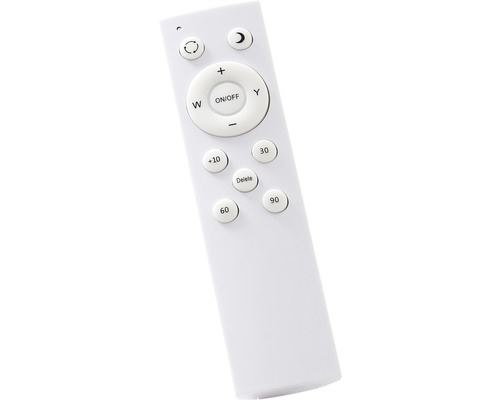 Biele diaľkové ovládanie pre osvetlenie s rôznymi tlačidlami na ovládanie svetelných režimov a jasu.