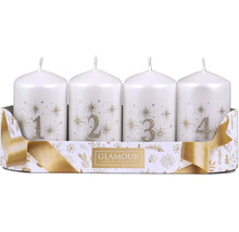 Sada štyroch adventných sviečok s trblietavými číslami a motívom hviezd v ozdobnom darčekovom balení s logom Glamour Luxury Candles