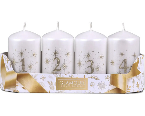 Sada štyroch adventných sviečok s trblietavými číslami a motívom hviezd v ozdobnom darčekovom balení s logom Glamour Luxury Candles