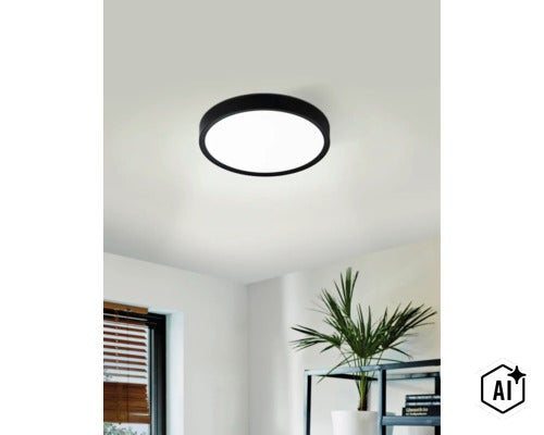 Moderné okrúhle LED stropné svietidlo s plochým dizajnom a matným povrchom inštalované v obývacej izbe. (Image AI modified or generated)