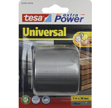 Textilná lepiaca páska Tesa Extra Power Universal, strieborná, dĺžka 5 metrov a šírka 50 milimetrov v blistrovom balení.