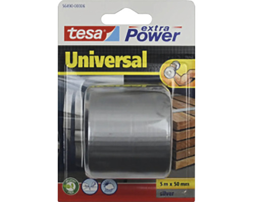 Textilná lepiaca páska Tesa Extra Power Universal, strieborná, dĺžka 5 metrov a šírka 50 milimetrov v blistrovom balení.