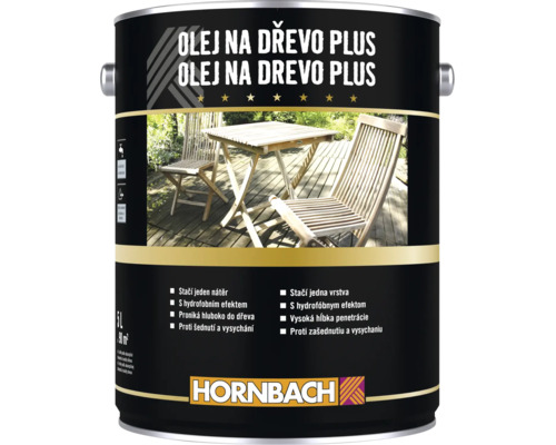 5 litrový kanister oleja na drevo Plus Hornbach s ochranným účinkom pre záhradný nábytok
