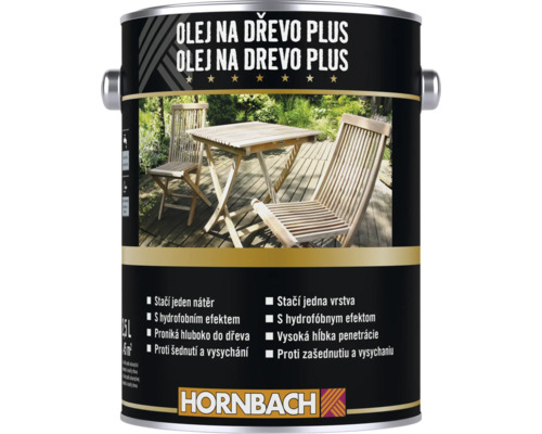 Plechovka Hornbach Olej na drevo Plus s vyobrazením záhradného nábytku na terase.