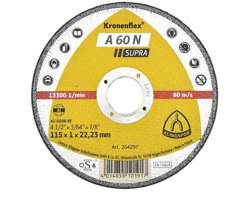 Rezný kotúč Klingspor 115x1x22.2 mm, A60N hliník Rezný kotúč Kronenflex A 60 N Supra s rozmermi 115 x 1 x 22,23 milimetrov