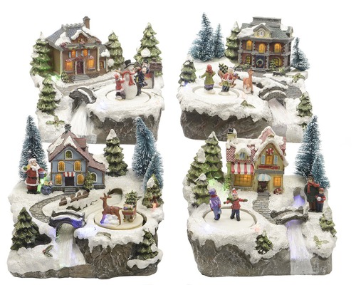 Dekorácia LED scenéria s domom na batérie 16x19x15 cm mix druhov Štyri vianočné miniatúrne dedinské krajiny s domami, postavami a stromami