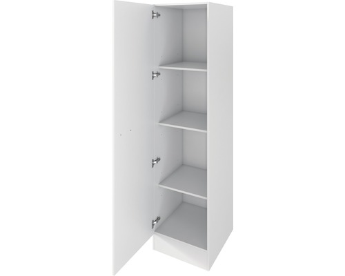 Biela vysoká skriňa s otvorenými dverami a policami