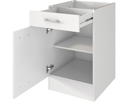 Spodná skrinka s otvorenými dvierkami, zásuvkou a policami