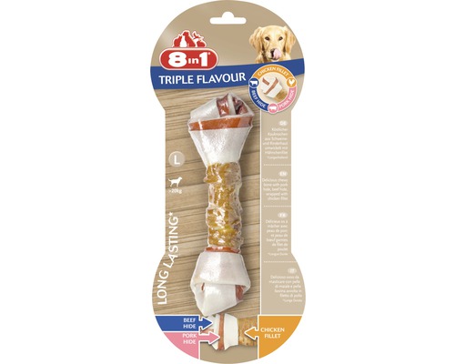 Maškrta pre psov 8in1 Triple Flavour kosť žuvacia L Žuvacia kosť 8in1 Triple Flavour vo veľkosti L pre psov nad 20 kilogramov