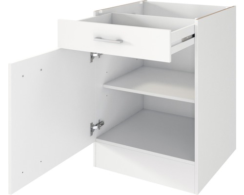 Biela spodná skrinka so zásuvkou, otvorenými dverami a dvoma policami