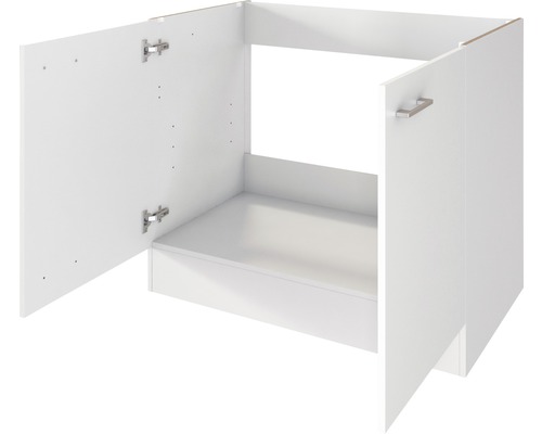 Biela skrinka pod umývadlo s dvoma otvorenými dvierkami.