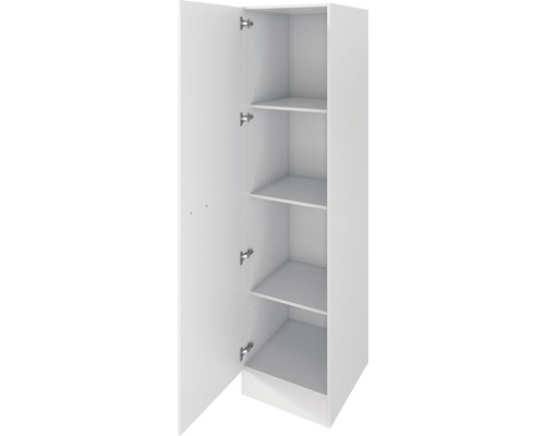 Biela vysoká skriňa s otvorenými dverami a policami.