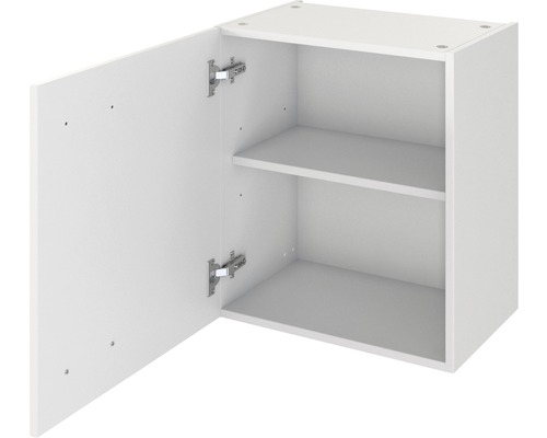 Biela závesná skrinka s dvoma policami a otvorenými dvierkami