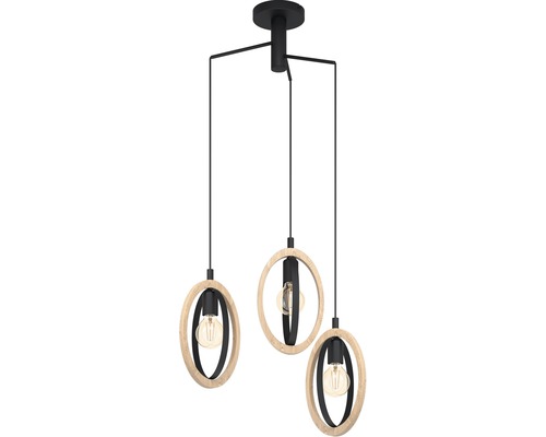 Závesné svietidlo s tromi žiarovkami, drevo a kov