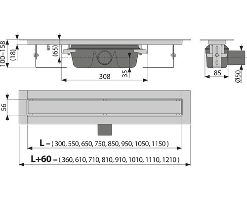 Technický výkres sprchového žľabu s rozmermi